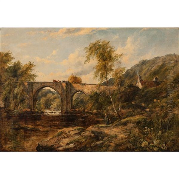 Landscape With Bridge, Cottage And Fisherman Oil Painting by Frederick Waters Watts