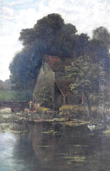 Country Folk Beside A Rustic Mill Overlooking A Pond Oil Painting by Frederick Waters Watts