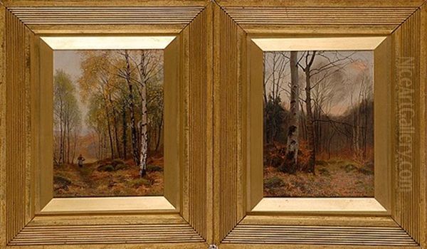 After Evening In A Welsh Wood And Birch Trees In Autumn (pair) Oil Painting by James Thomas Watts