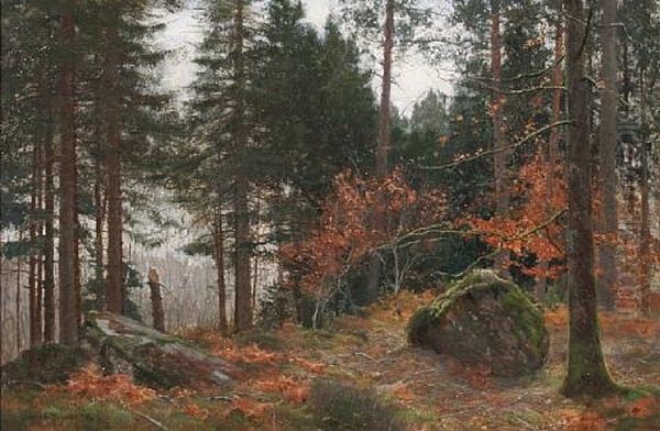 A Pine Wood In Winter Oil Painting by James Thomas Watts