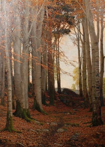 After Sundown, In A Welsh Beech Wood Oil Painting by James Thomas Watts