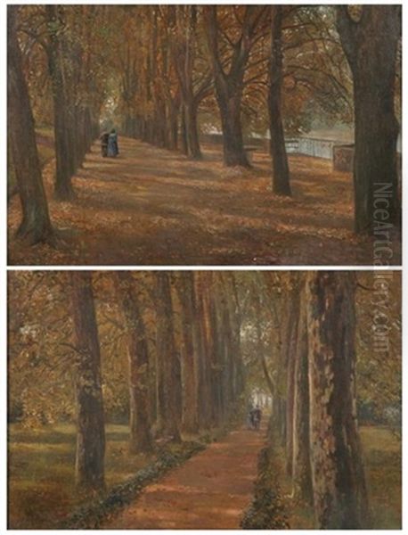 Couple Walking Tree Lined Path (+ Another, Similar; 2 Works) Oil Painting by James Thomas Watts