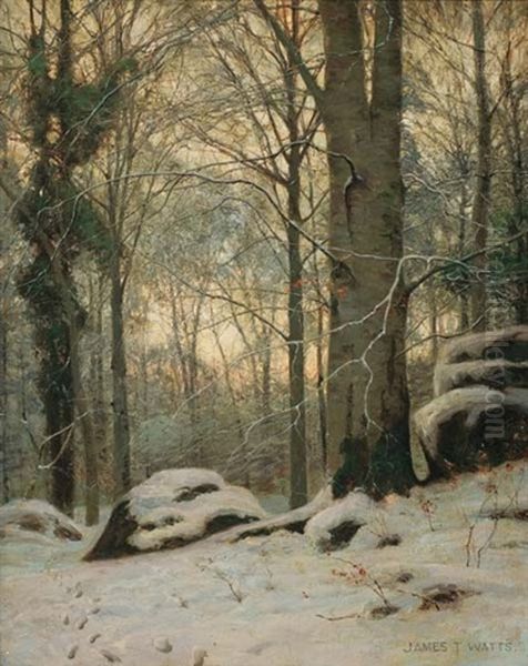 Snow In A Welch Wood Oil Painting by James Thomas Watts