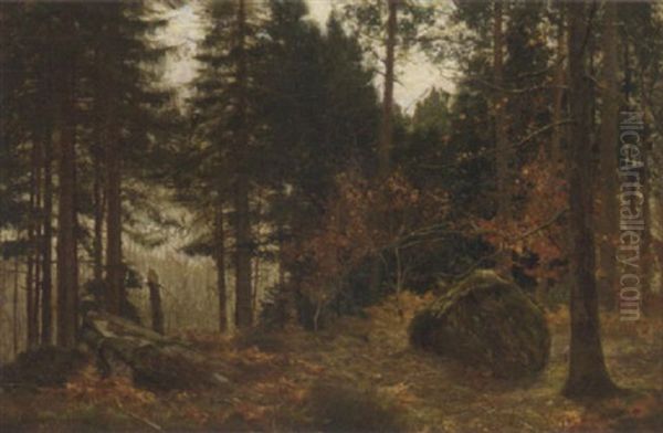 A Pine Wood In Winter Oil Painting by James Thomas Watts