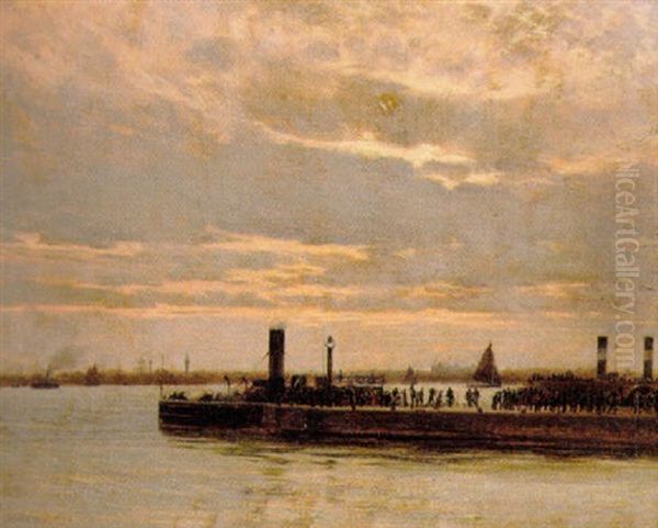 Havnen I London Ved Aftentide Med Dampskibe Og Myldrende Folkeliv Pa Kajen Oil Painting by James Thomas Watts