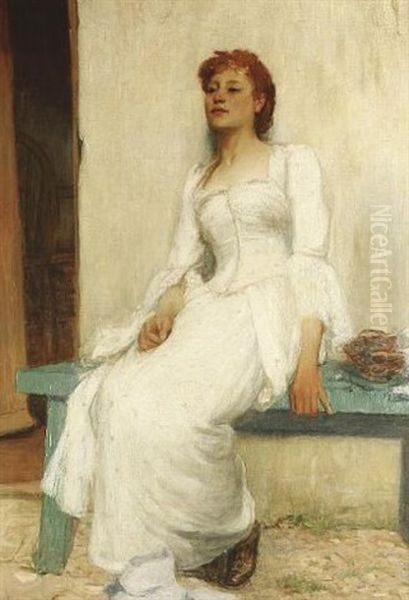 A Maiden Sat At Her Door Oil Painting by Leonard T. Watts