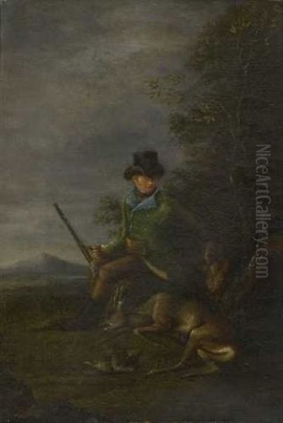 Jager Mit Hunden Und Erlegtem Wild (+ Another; Pair) Oil Painting by Heinrich August von Watzdorf