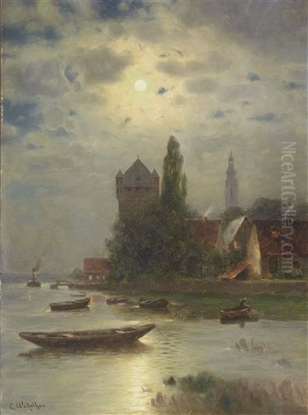 Am Rhein Bei Vollmond Oil Painting by Carl Watzelhan