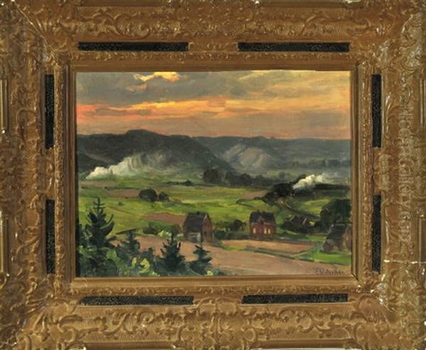 Weite Landschaft Mit Hofen An Bestellten Feldern Und Einer Dampfenden Eisenbahn Im Abendrot Oil Painting by Carl Watzelhan