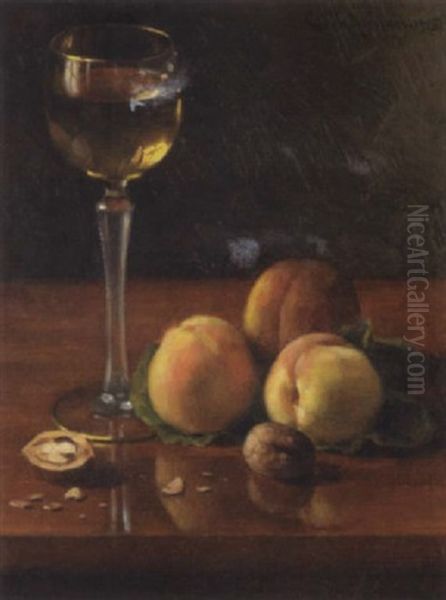 A Still Life With A Glass Of Wine, Peaches And Walnuts On A Table Oil Painting by Carl Watzelhan