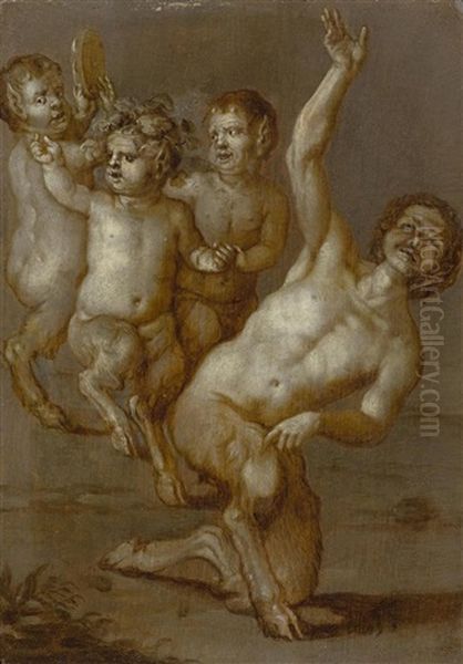 Pan With Two Satyrs Oil Painting by Coenrad Waumans