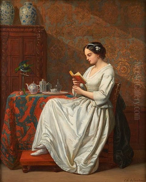 Jeune Femme A La Lecture Avec Son Perroquet Oil Painting by Charles Augustin Wauters