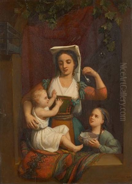 Jeune Romaine Apprenant A Faire Des Bulles A Ses Enfants Oil Painting by Charles Augustin Wauters