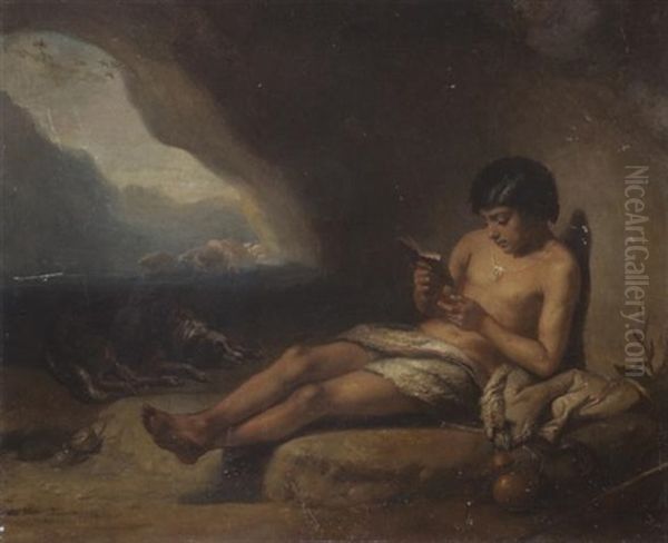 Hirtenjunge Mit Seinem Hund In Einer Hohle, Davor Seine Schweineherde Oil Painting by Charles Augustin Wauters