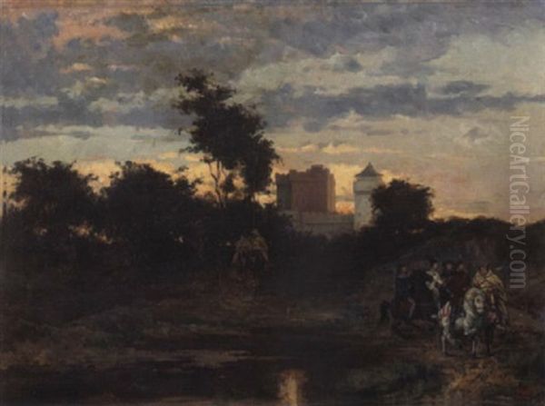 A View Of A Medieval Castle With Figures At Dusk Oil Painting by Emile Wauters