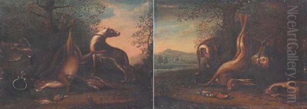 Jagdstilleben: Erlegter Hase Un Vogel Am Waldboden, Von Zwei Jagdhunden Bewacht Oil Painting by Johann Paul Waxschlunger