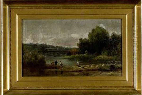 Landscape With Children Fishing In A Stream Oil Painting by Charles Jones Way