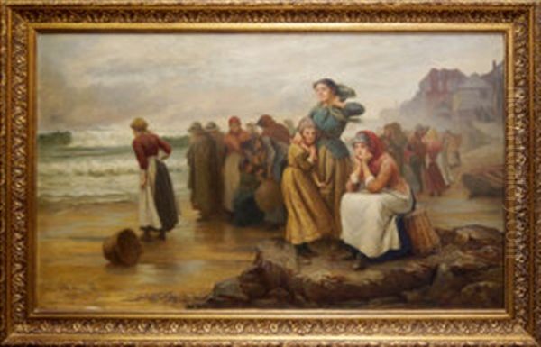 Fisherfolk Waiting On A Shore With A Harbour And Village Beyond Oil Painting by William Harris Weatherhead