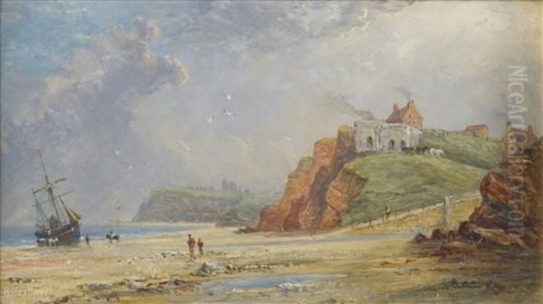 Whitby From Upgang Showing The Two Lime-kiln There In 1853, Before The East Pier Lighthouse Was Built Oil Painting by Richard Weatherill