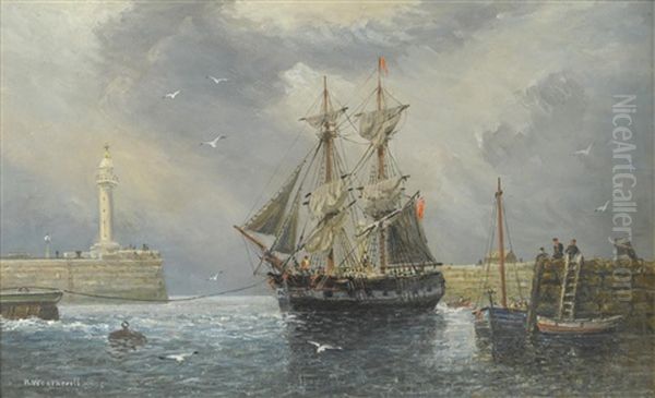 Fishing Boat Entering Whitby Harbour With Figures On A Quayside Oil Painting by Richard Weatherill