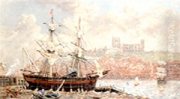 A Beached Brig With Whitby Beyond Oil Painting by Richard Weatherill