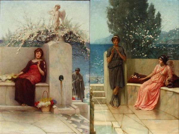 Figures In Grecian Style Scenes (2 Works) Oil Painting by Alfred C. Weatherstone