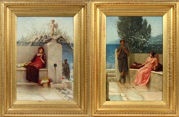 Figures In Grecian Style Scenes (2 Works) Oil Painting by Alfred C. Weatherstone