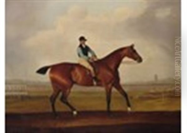 A Bay Racehorse With A Jockey Up, In The Colours Of John Tomes Of Long Marsden, On Chester Racecourse Oil Painting by Thomas Weaver