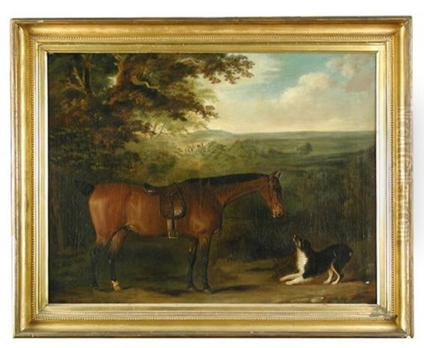 A Saddled Bay Hunter With A Collie Holding The Reins, In A Landscape Oil Painting by Thomas Weaver