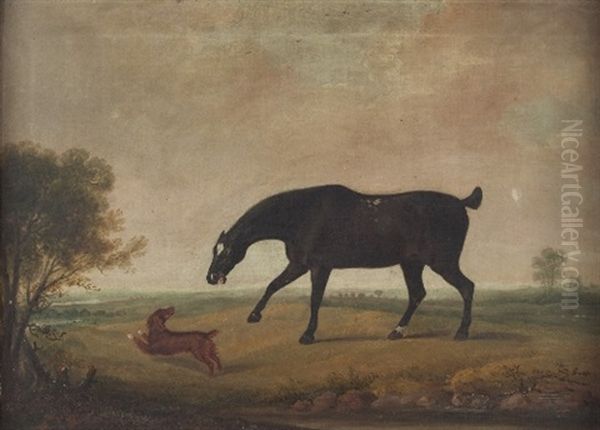 Portrait Of A Black Horse And Spaniel In A Landscape Oil Painting by Thomas Weaver