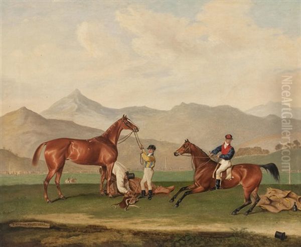 Zarah & Jumping Jenney On The Gallops Before Mountains Oil Painting by Thomas Weaver