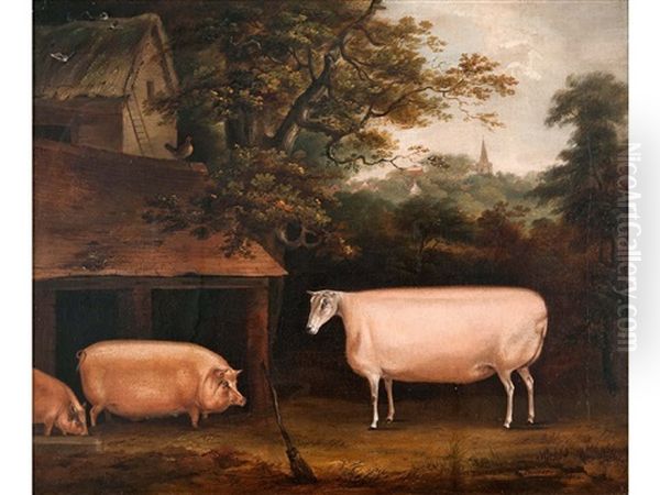 Ram With Two Pigs By A Sty Oil Painting by Thomas Weaver