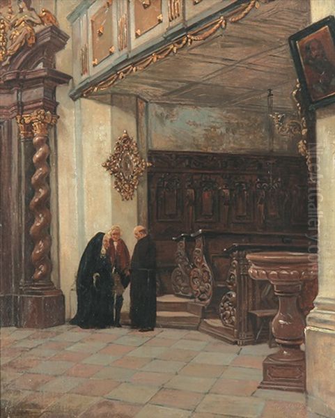 Kircheninterieur Mit Nonne, Monch Und Vornehmen Herrn Im Gesprach Oil Painting by Charles Meer Webb