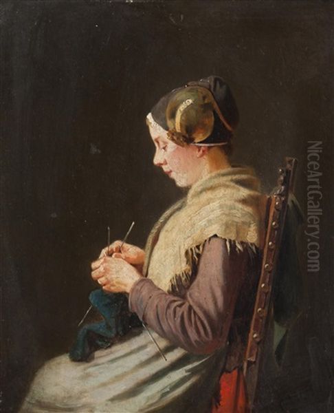 Knitter Oil Painting by Charles Meer Webb