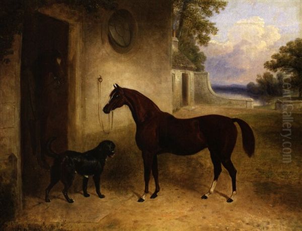 Braunes Pferd Und Hund Vor Stall Oil Painting by Edward Walter Webb