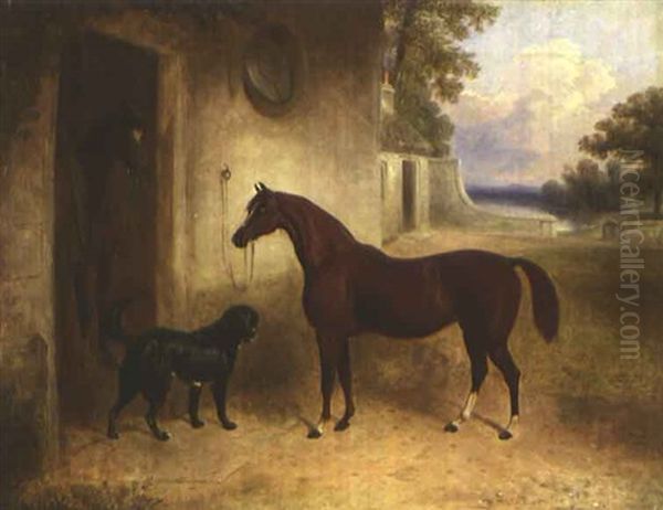 Braunes Pferd Und Hund Vor Stall Oil Painting by Edward Walter Webb