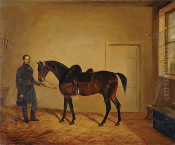 Lieutenant West, First Regiment Life Guards, And His Horse, In A Loose Box Oil Painting by Edward Walter Webb