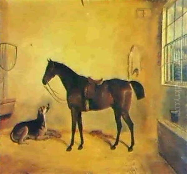 A Saddled Mare And A Dog In A Stable, A Country House Seen  Through The Window Oil Painting by Edward Walter Webb