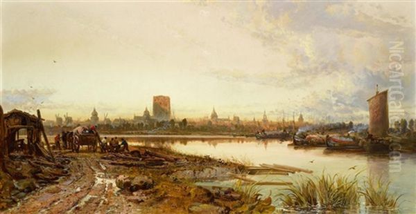 A View Of Dordrecht With Grote Kerk Oil Painting by James Webb