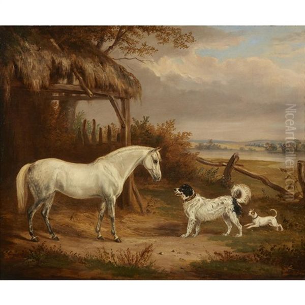 Grey Pony With Newfoundland And A Terrier Beside A Field Shelter Oil Painting by William Webb