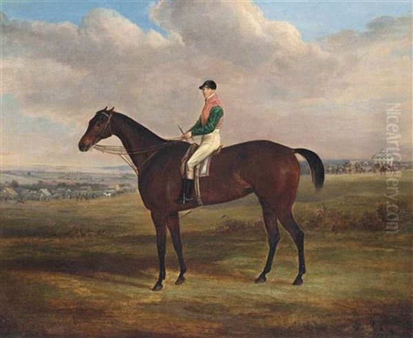 Bay Racehorse With Jockey Up, With A Pavilion Beyond Oil Painting by William Webb