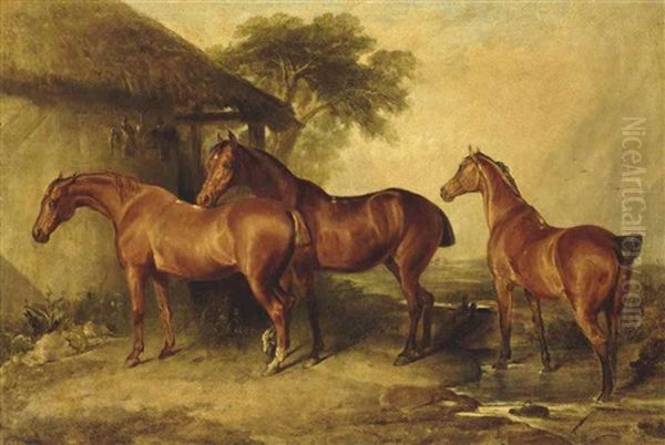 Bay Hunters By A Barn by William Webb