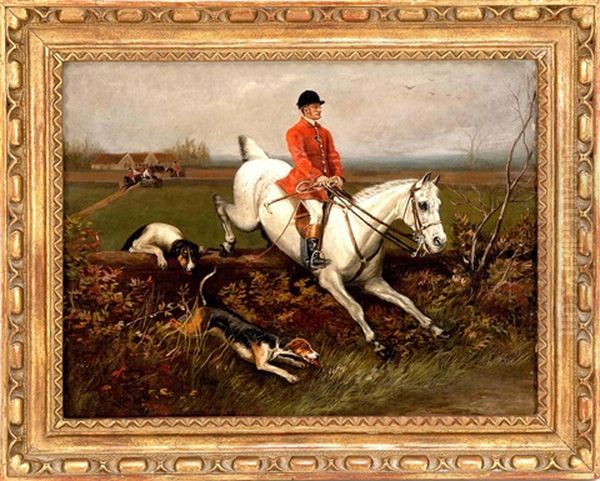 A Fox Hunting Scene With Dogs In Pursuit And A Horse And Rider Jumping A Wall Oil Painting by William Webb