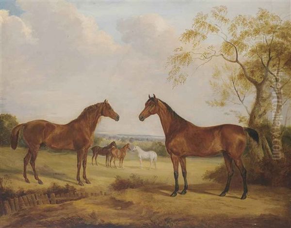 The Duke Of Wellington's Copenhagen; Sir John Water's Bitter'; The Duke Of Wellington's Chestnut Mare And White Arabian... Oil Painting by William Webb