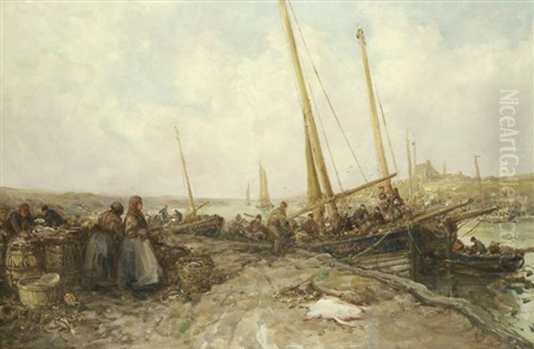 Scilly Isle Trawlers Unloading Their Catch On The Fish Quay Oil Painting by William Edward Webb