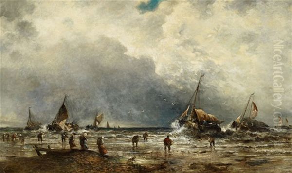 Coastal Landscape With Fishers And Sailing Boats Oil Painting by William Edward Webb