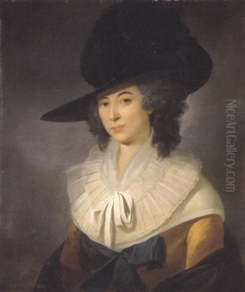 Portrait Of Mrs. William Bligh In A Yellow Dress With A Blue Bow And Lace Collar, A Blue Hat And Shawl Oil Painting by John Webber