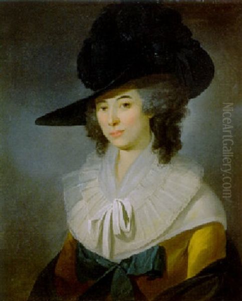 Portrait Of Mrs William Bligh, In A Yellow Dress With A Blue Bow And Lace Collar, A Blue Hat And Shawl Oil Painting by John Webber