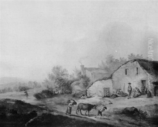 Landscape With A Drover And Cattle Passing Cottages Oil Painting by John Webber