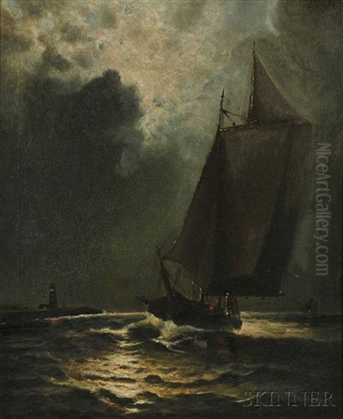 Moonlit Sail With Distant Lighthouse Oil Painting by Elbridge Wesley Webber